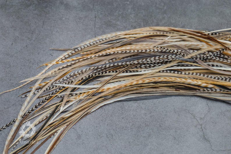 5 Feather Hair Extension DIY Kit, 7-18'' Natural stripped brown grizzly feathers, Hair enhancement additions festival accessory image 7