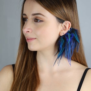 Feather Ear Wrap, Lightweight Ear Cuff with Feathers, Purple and blue feather Cuff, Natural Festival headpiece, no piercing earring cuff image 4