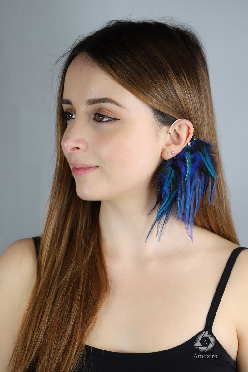 Feather Ear Wrap, Lightweight Ear Cuff with Feathers, Purple and blue feather Cuff, Natural Festival headpiece, no piercing earring cuff image 4