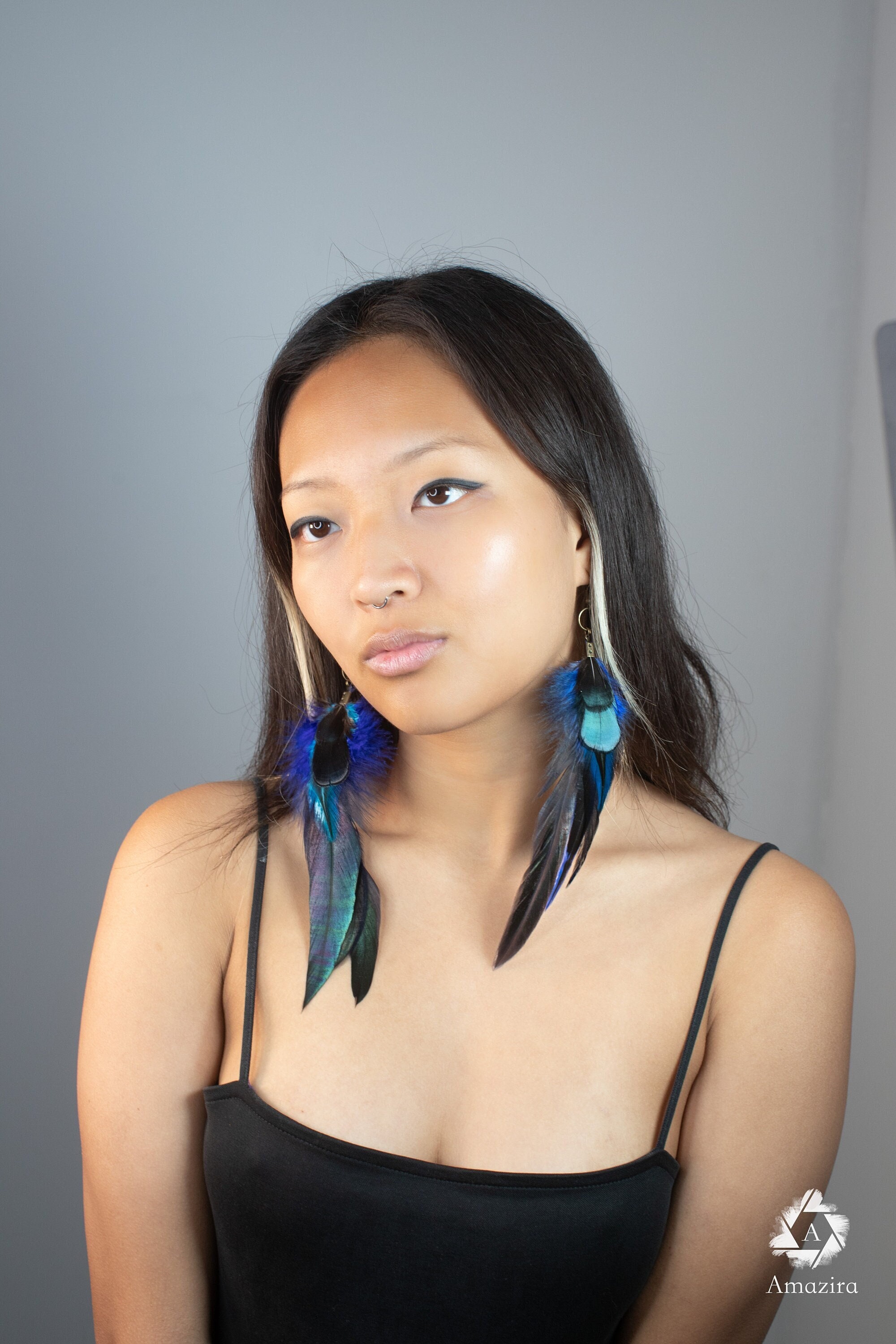 Long blue unique feather earrings, Bohemian festival jewelry, Natural Real bird feathers, long drop earrings, boho hippie statement, gift