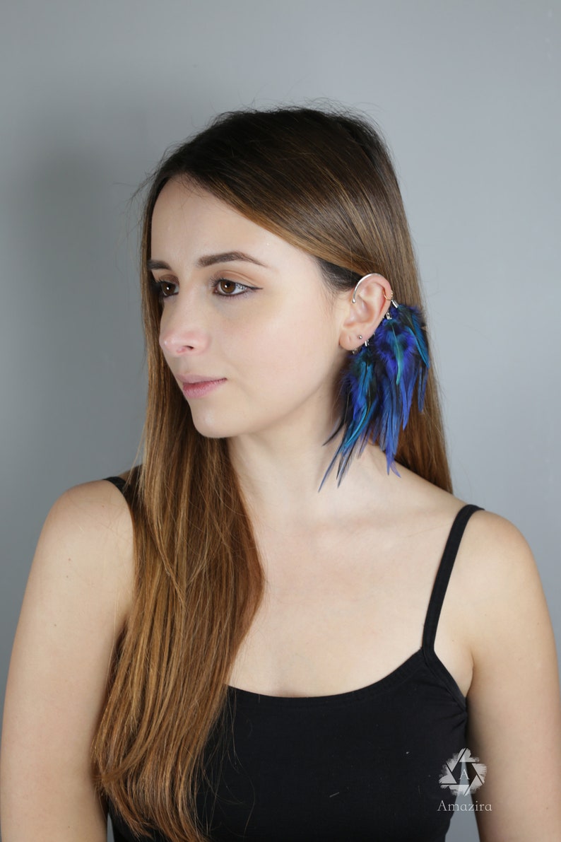 Feather Ear Wrap, Lightweight Ear Cuff with Feathers, Purple and blue feather Cuff, Natural Festival headpiece, no piercing earring cuff image 8