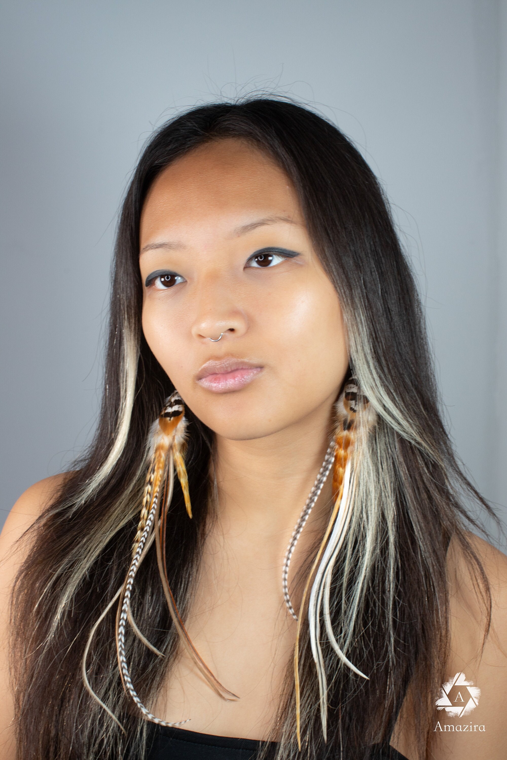 Extra Long Grizzly Feathers Earrings, Natural Stripped  display picture 2