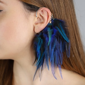 Feather Ear Wrap, Lightweight Ear Cuff with Feathers, Purple and blue feather Cuff, Natural Festival headpiece, no piercing earring cuff image 5