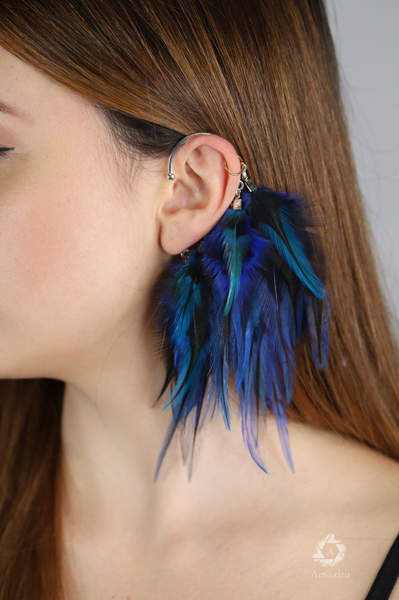 Feather Ear Wrap, Lightweight Ear Cuff with Feathers, Purple and blue feather Cuff, Natural Festival headpiece, no piercing earring cuff image 5