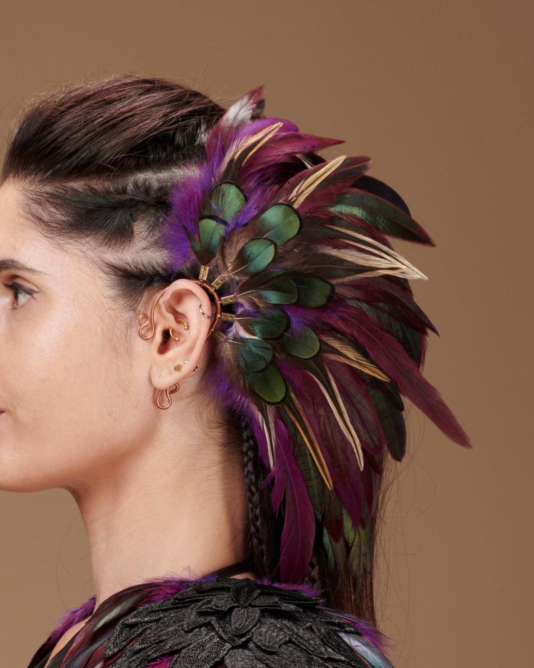 Vibrant Green and Purple Feather Ear Cuff - no piece, pierce free earring One-of-a-kind Feather Ear Cuff With Blue Parrot Feathers and  main image 2