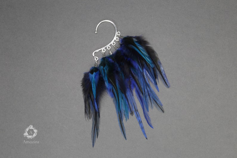 Feather Ear Wrap, Lightweight Ear Cuff with Feathers, Purple and blue feather Cuff, Natural Festival headpiece, no piercing earring cuff image 6