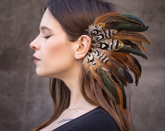 Festival burning man feather ear cuff, boho jewelry, tribal hippy unique earrings, feather hair jewellery, Dragoncon cosplay feather cuff