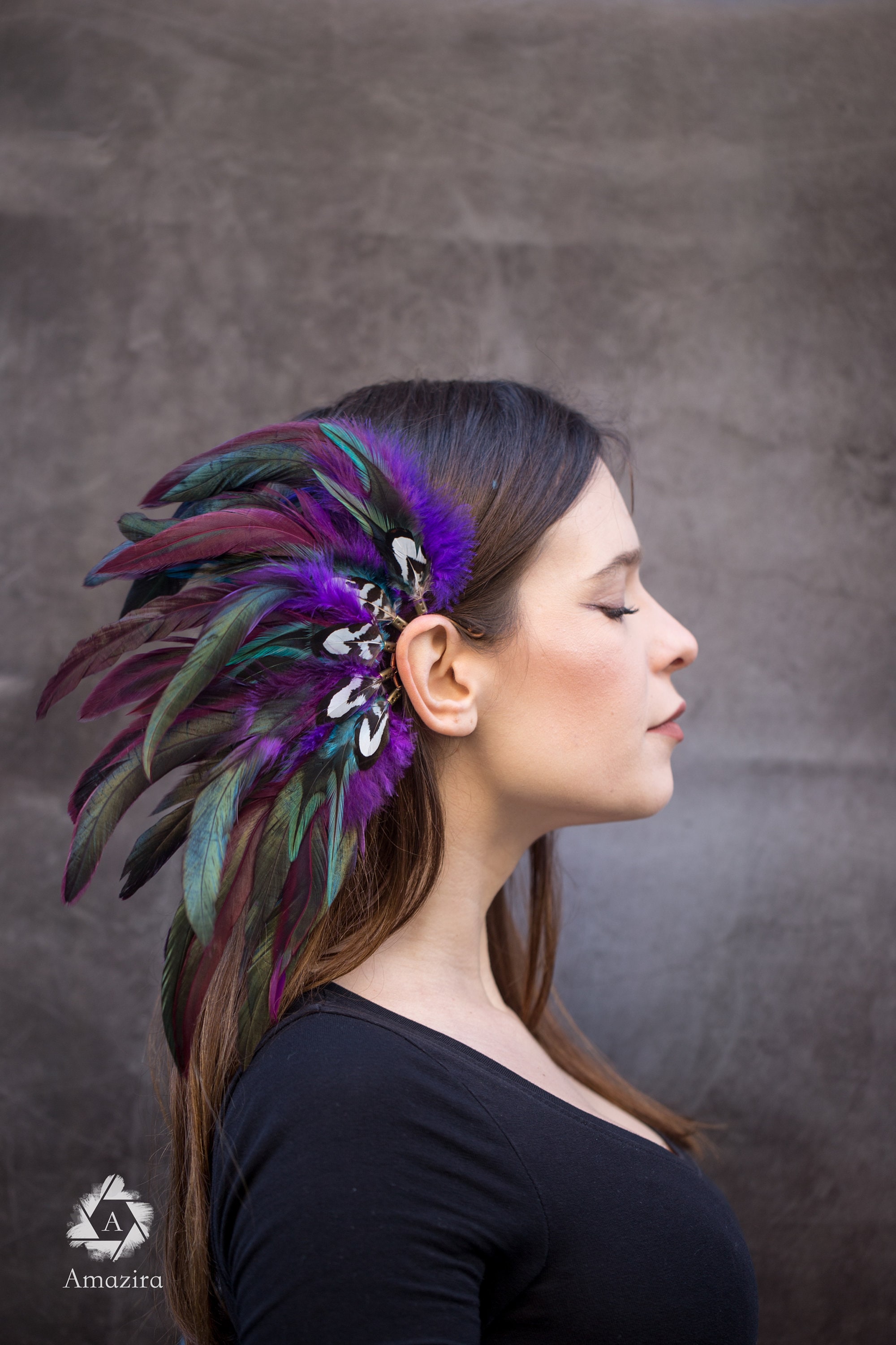 Purple and Blue Natural Feather Ear Cuff, Colourful Carnival  display picture 1