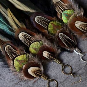 Long earrings, Black & green iridescent boho feather earring, Natural bird feathers, Handmade Summer earrings, Long Drop festival jewellery image 6