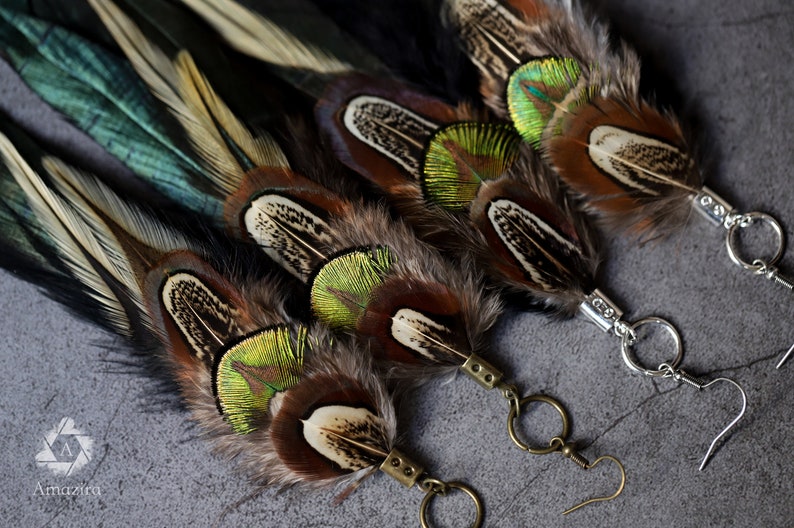 Long earrings, Black & green iridescent boho feather earring, Natural bird feathers, Handmade Summer earrings, Long Drop festival jewellery zdjęcie 6