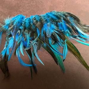 以下が含まれることがあります： 鮮やかなターコイズ、黒、緑色の羽のコレクション。 羽は半円形に配置されており、ターコイズ色の羽が最も目立ちます。 全体的な効果は、優雅さと自然の美しさです。