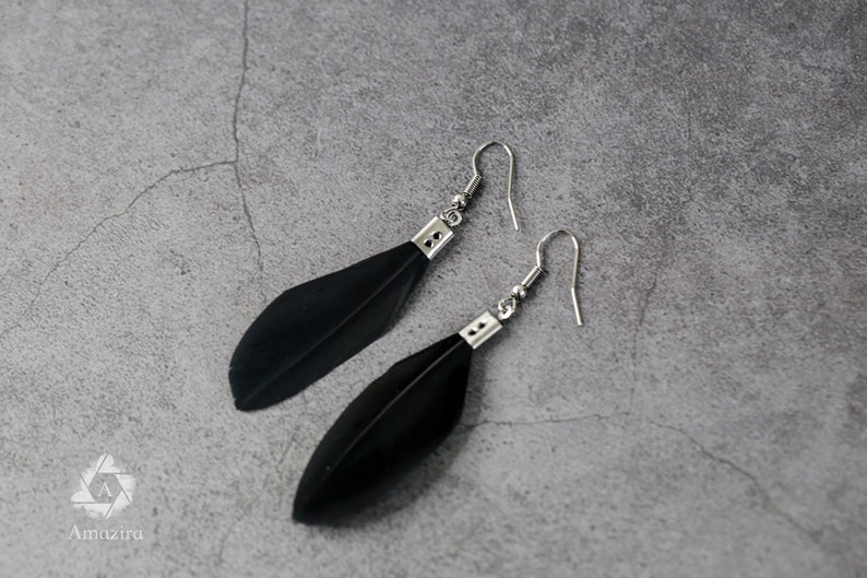 Small delicate black handmade drop feather earrings, Unique Boho chic hippie fun earrings, gift for her, natural feathers, drop earring image 3