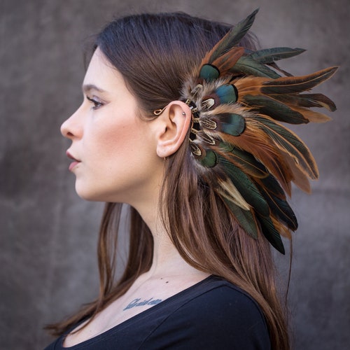 Vibrant Green and Purple Feather Ear Cuff - no piece, pierce free earring CLEARANCE LAST CHANCE! Purple and Green, Non Pierced Cuff  main image 3