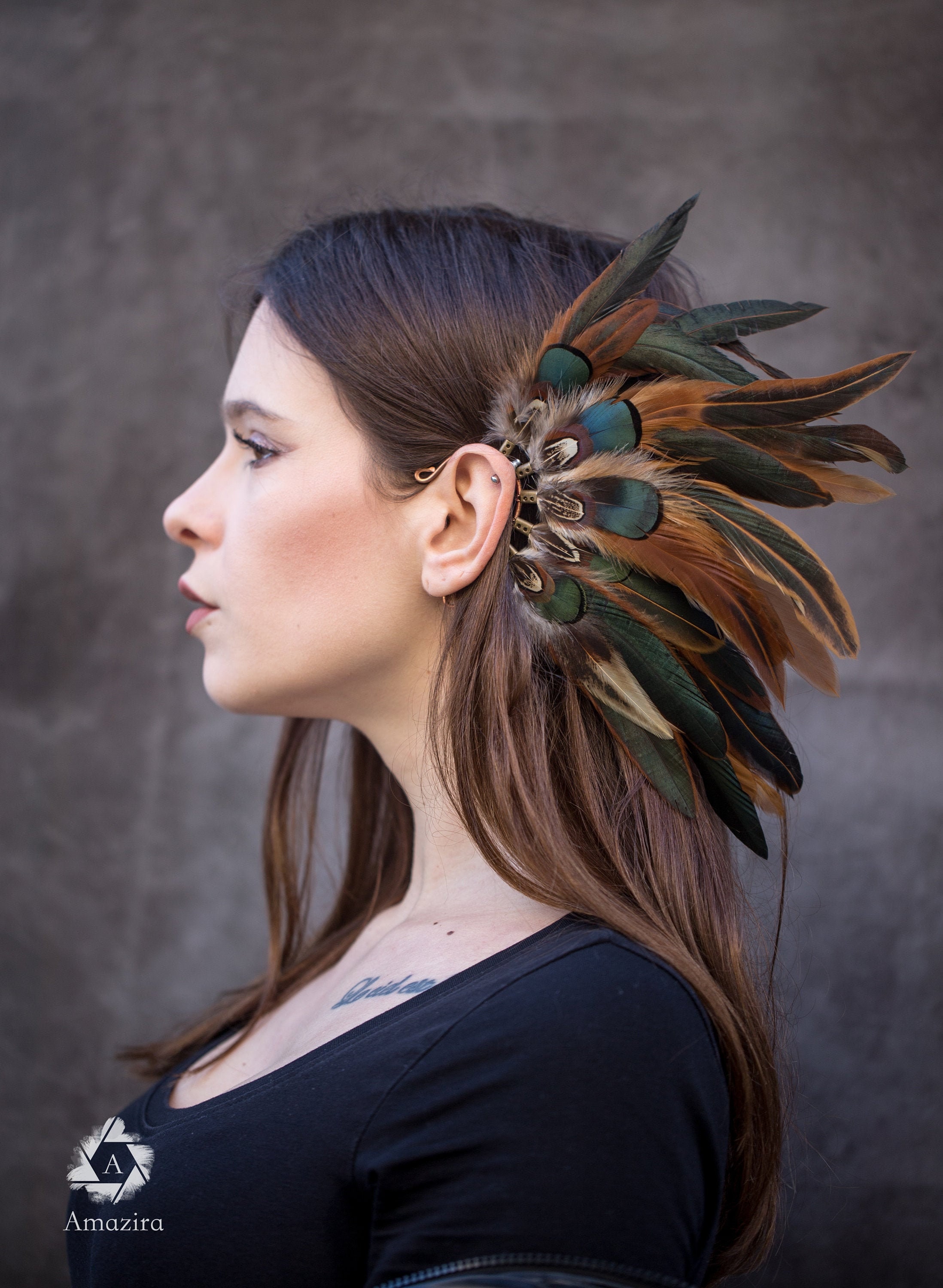 Show costume feather ear cuff, burlesque burningman earcuff, valentines gift for her mom, feather megacon cosplay, hippie boho accessories