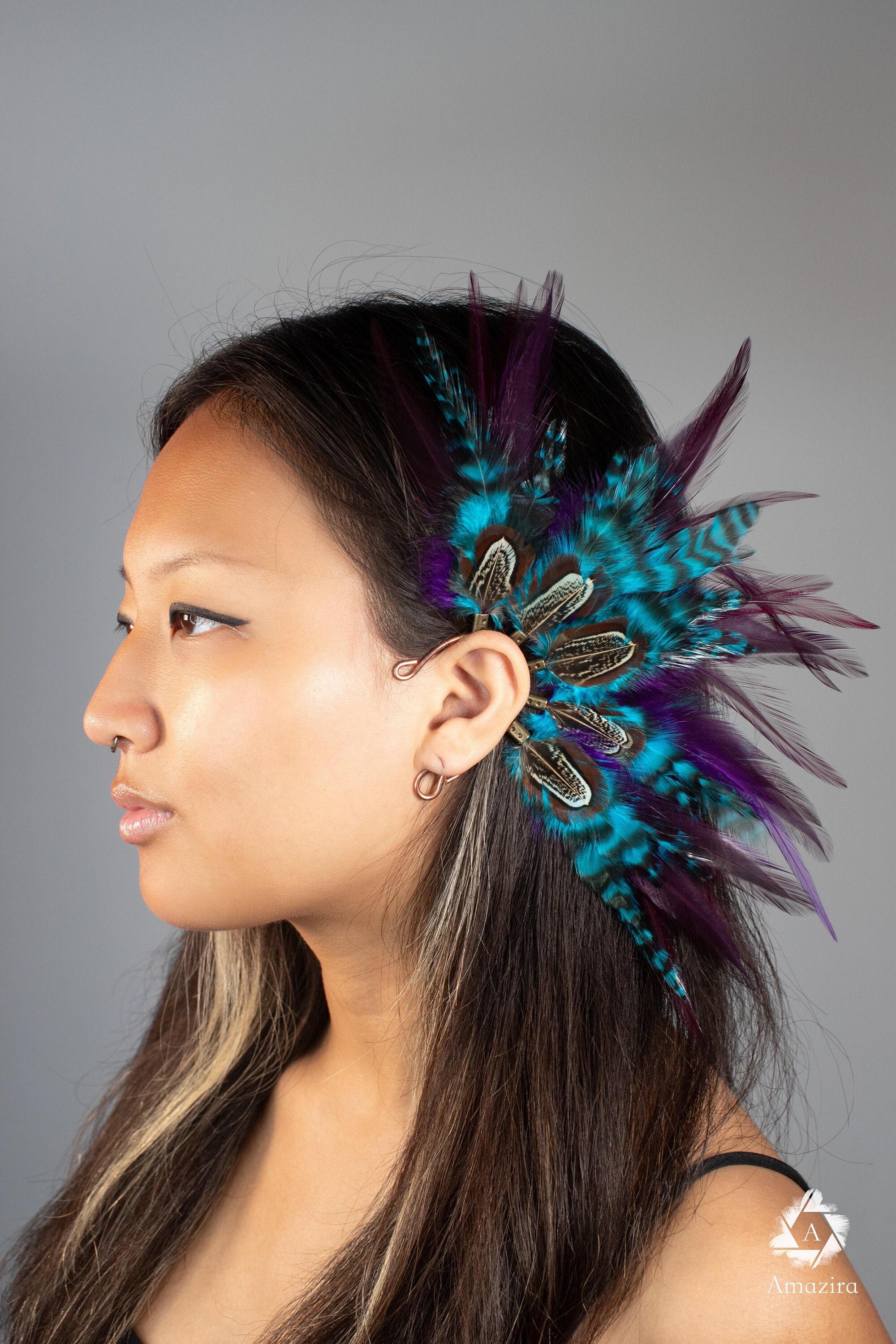 Purple and blue Natural Feather Ear cuff, Colourful Carnival hair accessory, Festival hair, Unique cute ear wrap, Tribal earrings, dress up.