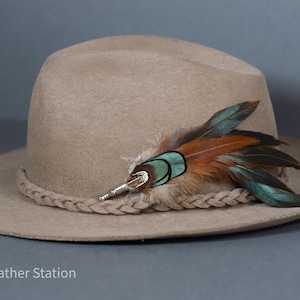 May include: A brown felt fedora hat with a braided band and a feather accent. The feather is brown, orange, and teal.