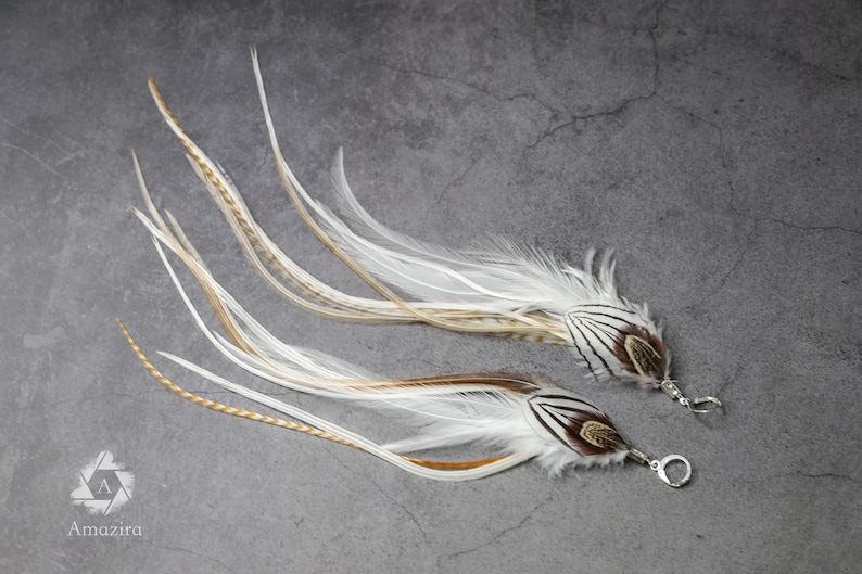 Extra long striped white feather grizzly earrings, Tribal Ethnic brown earrings, Long Hippie Boho wedding earrings, unique statement earring zdjęcie 2