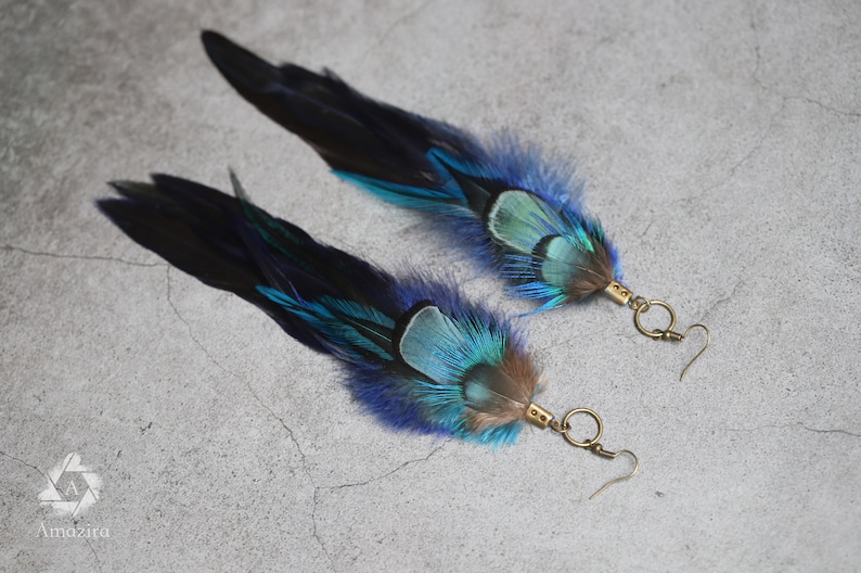 Lange blaue einzigartige Federohrringe, Boho Festival Schmuck, natürliche echte Vogelfedern, lange Tropfenohrringe, Boho Hippie Statement, Geschenk Bild 10