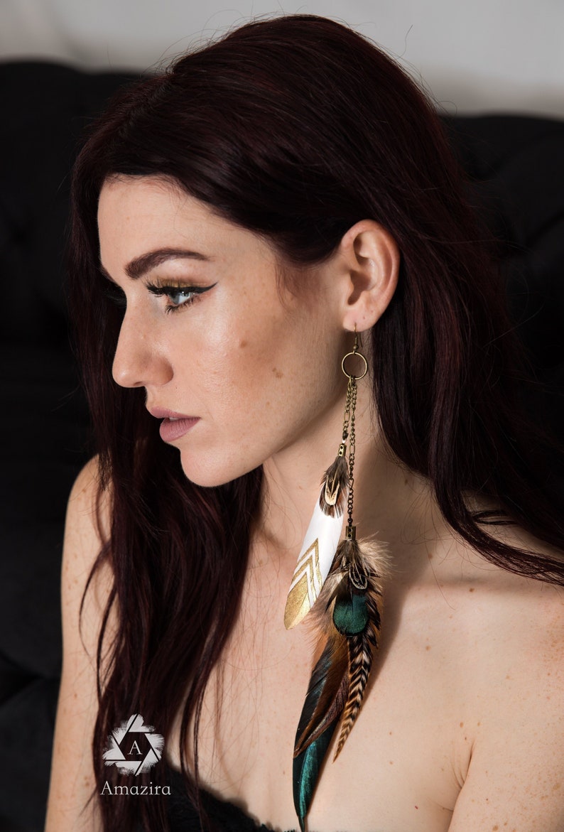 Feather Long Earrings hang far down the model’s neck. Drop chain earrings. White and gold Real natural feathers, etsy bestseller, Amazira. Rooster Grizzly feathers, Boho hippie feather statement, Best friend gift for her