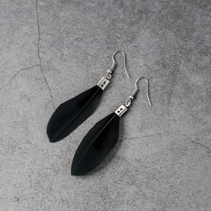 Small delicate black handmade drop feather earrings, Unique Boho chic hippie fun earrings, gift for her, natural feathers, drop earring image 6