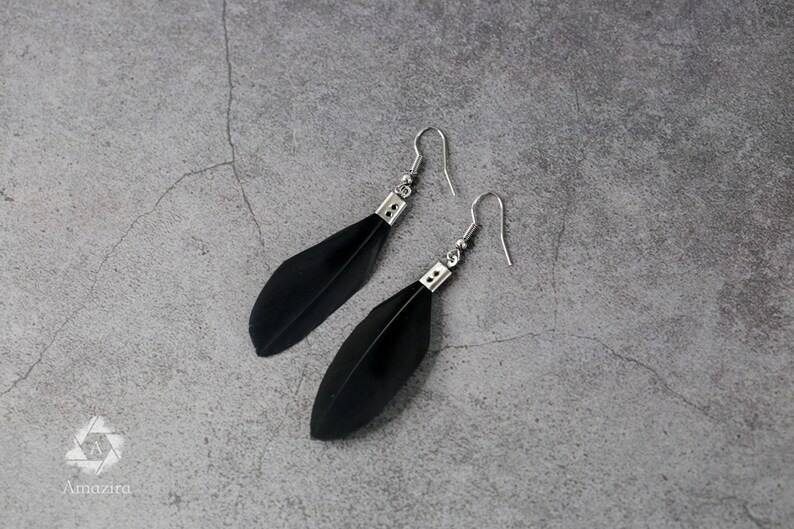 Small delicate black handmade drop feather earrings, Unique Boho chic hippie fun earrings, gift for her, natural feathers, drop earring image 6