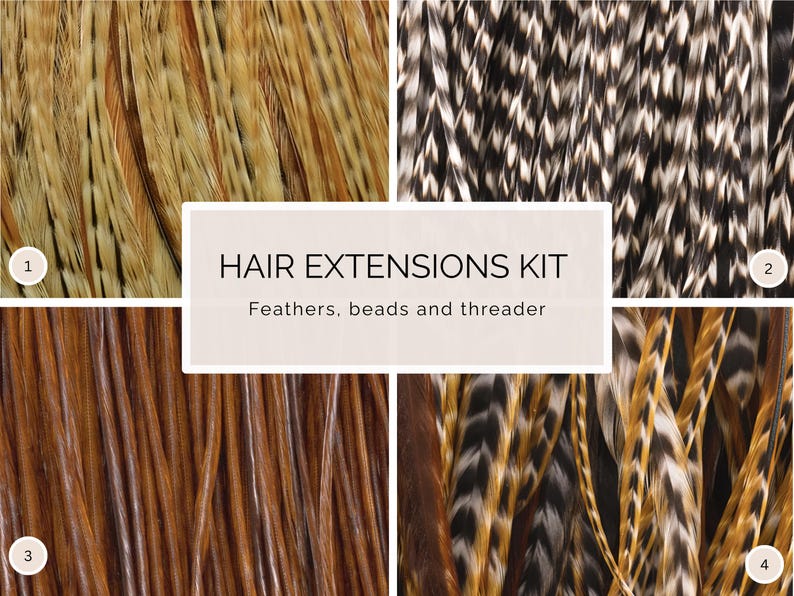 5 Feather Hair Extension DIY Kit, 7-18'' Natural stripped brown grizzly feathers, Hair enhancement additions festival accessory image 1