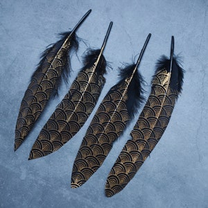 Gold painted pattern black feathers, 17-20 cm, 6-8 inches, Loose goose smudge feathers. FREE SHIPPING available, cosplay decorative feather zdjęcie 3