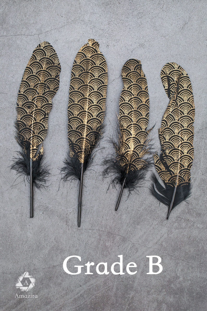 200 PACK DEFECTIVE FEATHERS Gold painted pattern black feathers, 17-20 cm, 6-8 inches, Loose goose smudge feathers. image 1