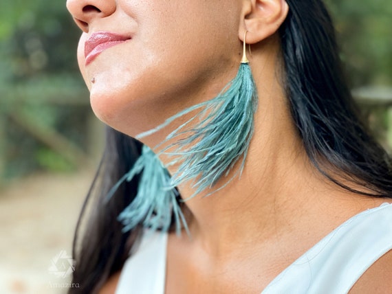 Ostrich Feather Earrings, Unique Tassel Earrings, Natural Feathers - Main Image