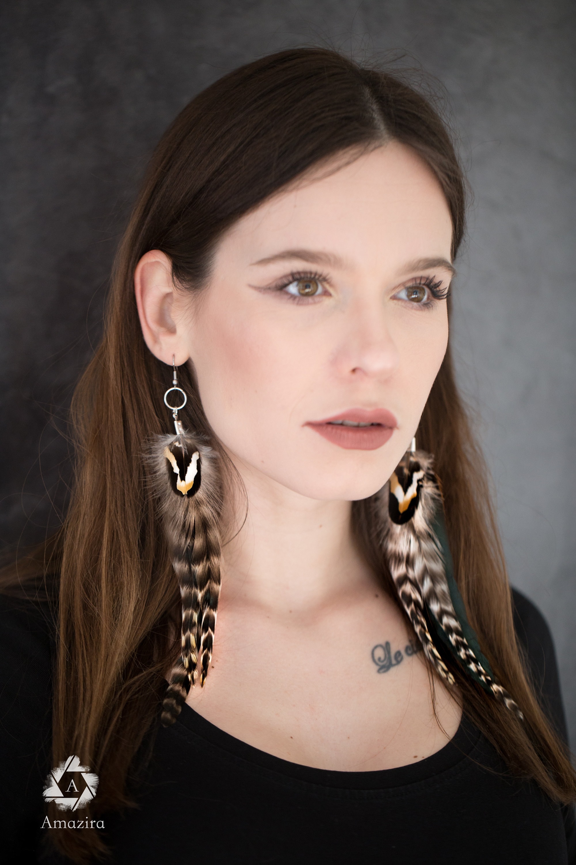 Extra long colourful real feather earrings, Grizzly feathers, Rooster tail, Black and white feathers, Earth colours earrings, gift for her