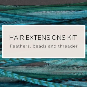 Könnte beinhalten: Ein Haarverlängerungsset mit langen, dünnen Federn in Blaugrün-, Türkis- und Dunkelblautönen. Ein weißes rechteckiges Etikett ist mittig auf den Federn platziert, mit dem schwarzen Text HAIR EXTENSIONS KIT und Feathers, beads and threader.