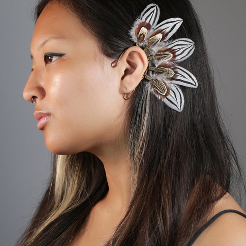 Vibrant Green and Purple Feather Ear Cuff - no piece, pierce free earring CLEARANCE LAST CHANCE! Purple and Green, Non Pierced Cuff  main image 2