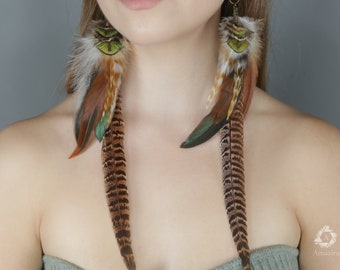 Extra long Turquoise Feather Earring, Striped grizzly tribal earring, Hippie Boho Blue & brown Statement earring, Gift for her, drop earring