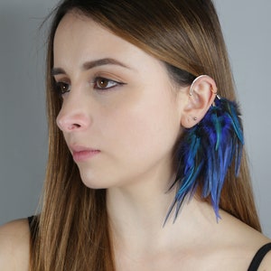 Feather Ear Wrap, Lightweight Ear Cuff with Feathers, Purple and blue feather Cuff, Natural Festival headpiece, no piercing earring cuff image 2