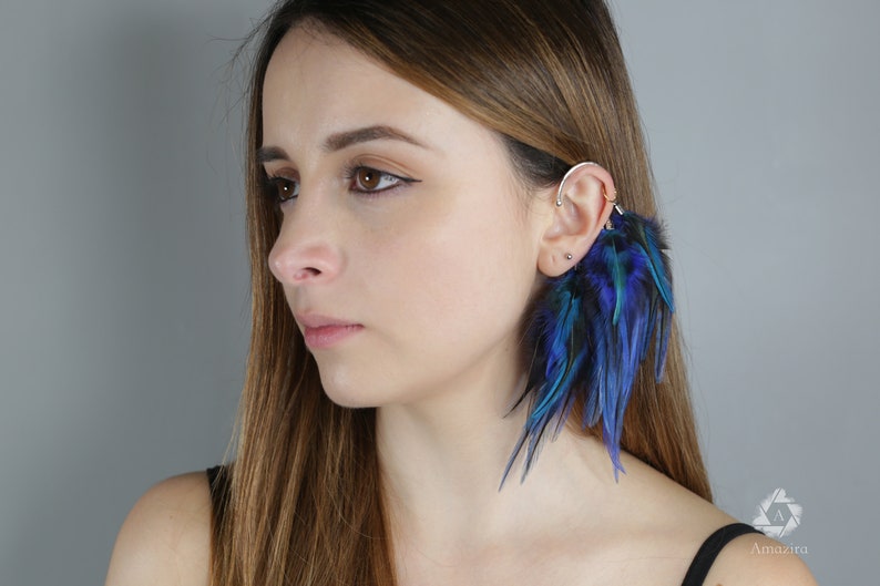 Feather Ear Wrap, Lightweight Ear Cuff with Feathers, Purple and blue feather Cuff, Natural Festival headpiece, no piercing earring cuff image 2