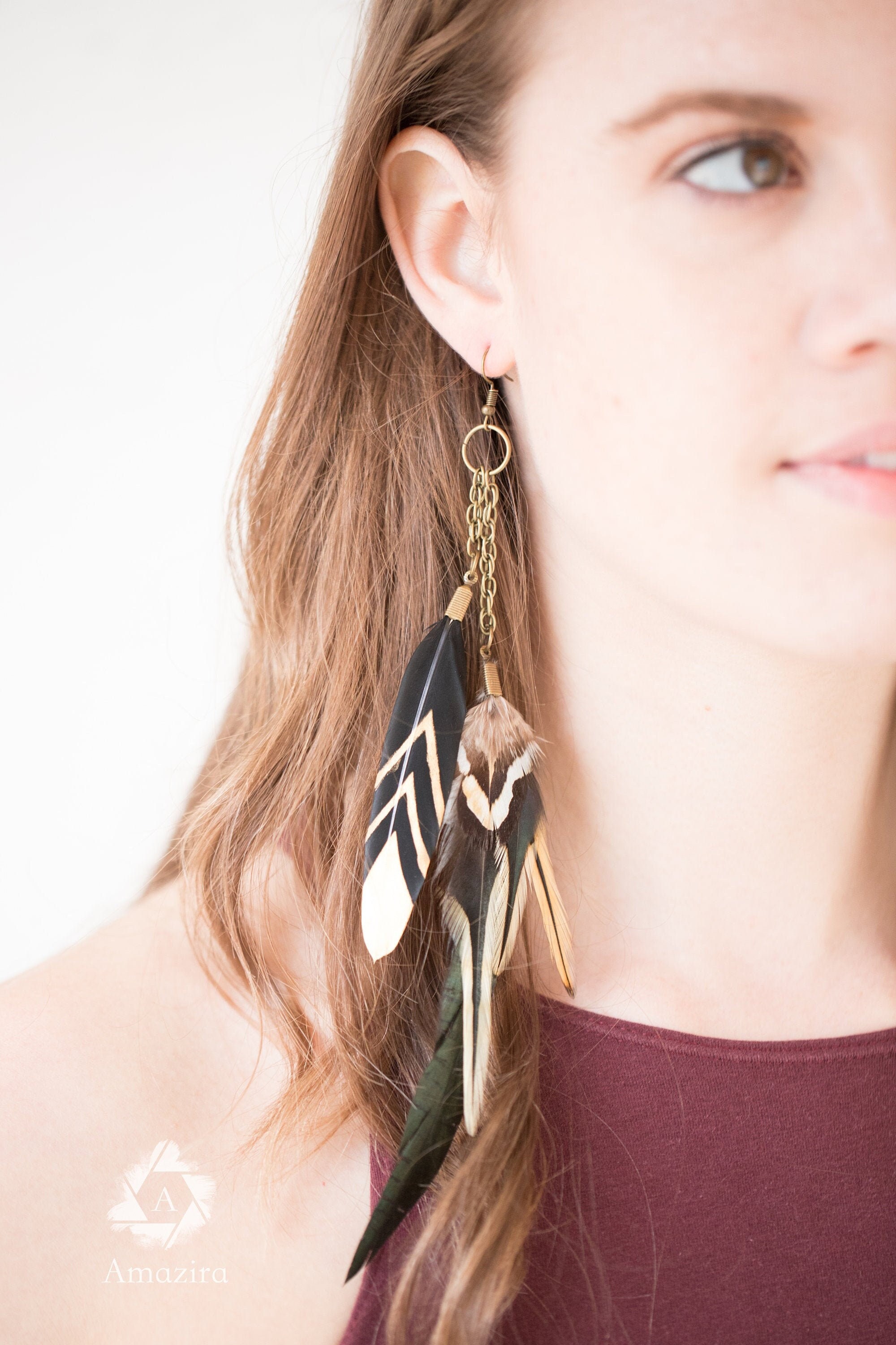 Feather Earrings Natural Brown Feather Earrings Striped  Etsy