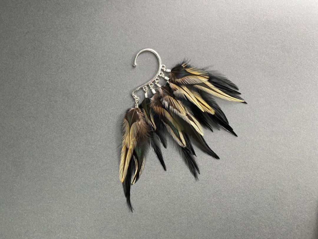 Natural Feather Ear Wrap, Lightweight Ear Cuff With Feathers, Black ...