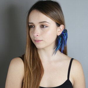 Feather Ear Wrap, Lightweight Ear Cuff with Feathers, Purple and blue feather Cuff, Natural Festival headpiece, no piercing earring cuff image 10