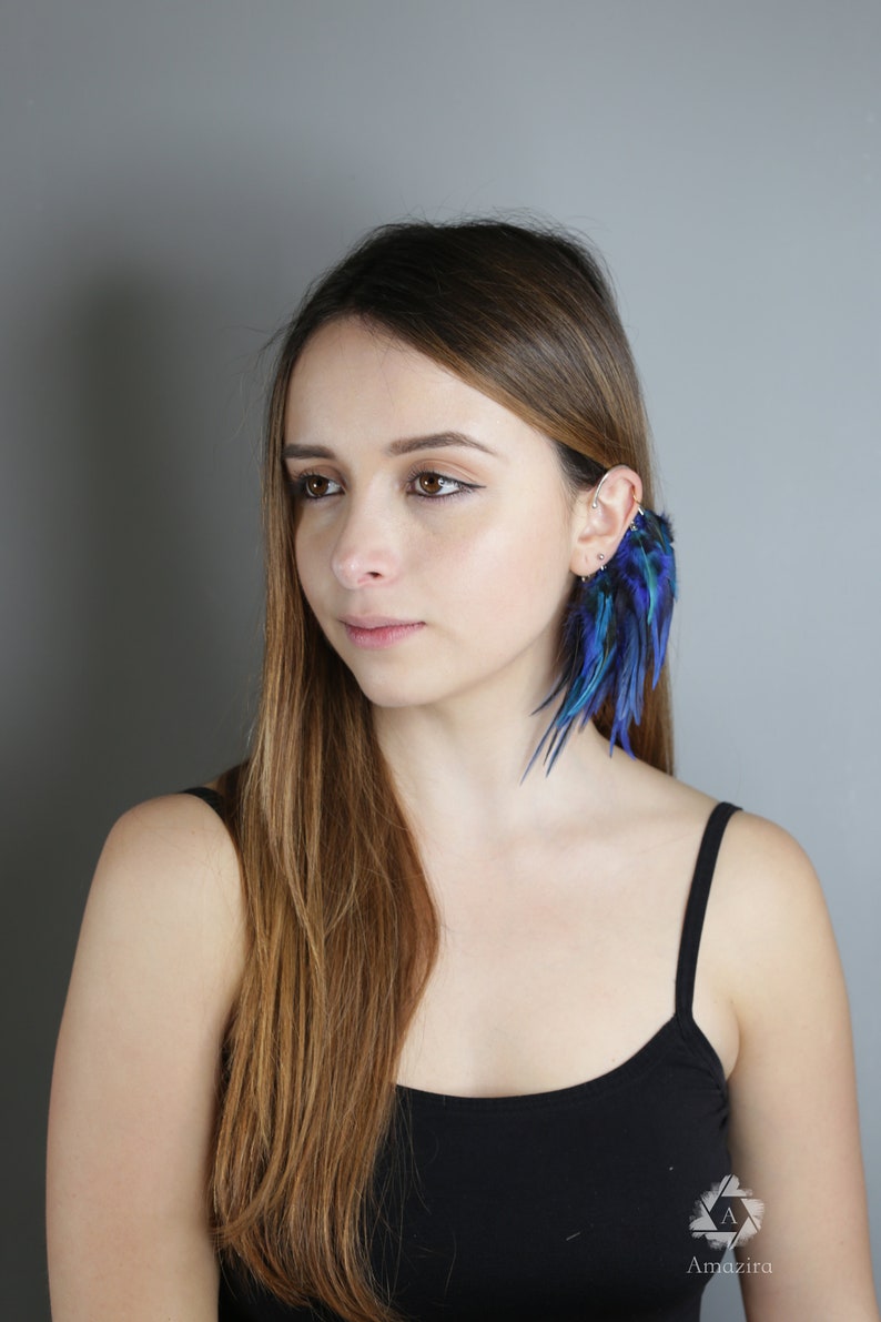 Feather Ear Wrap, Lightweight Ear Cuff with Feathers, Purple and blue feather Cuff, Natural Festival headpiece, no piercing earring cuff image 10