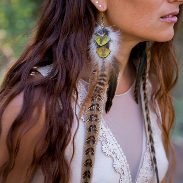 Extra long pheasant and peacock earrings, Feather Ethnic jewellery, Long Tribal burning man festival statement earrings, gift for mom friend