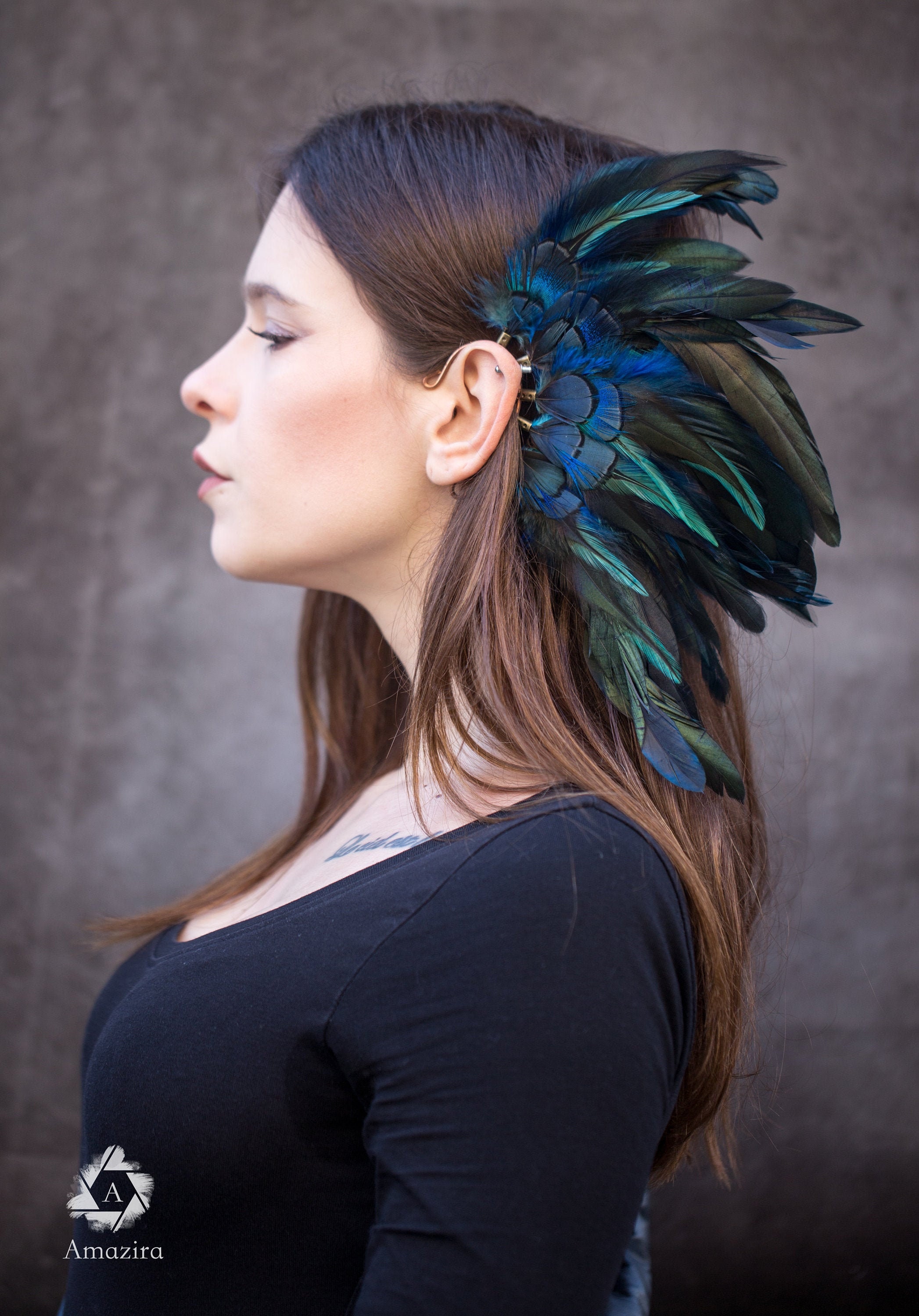 Blue feather ear cuff, pierceless earring, festival wedding hair feather, natural rooster feathers, anime expo otakon cosplay, gift for her