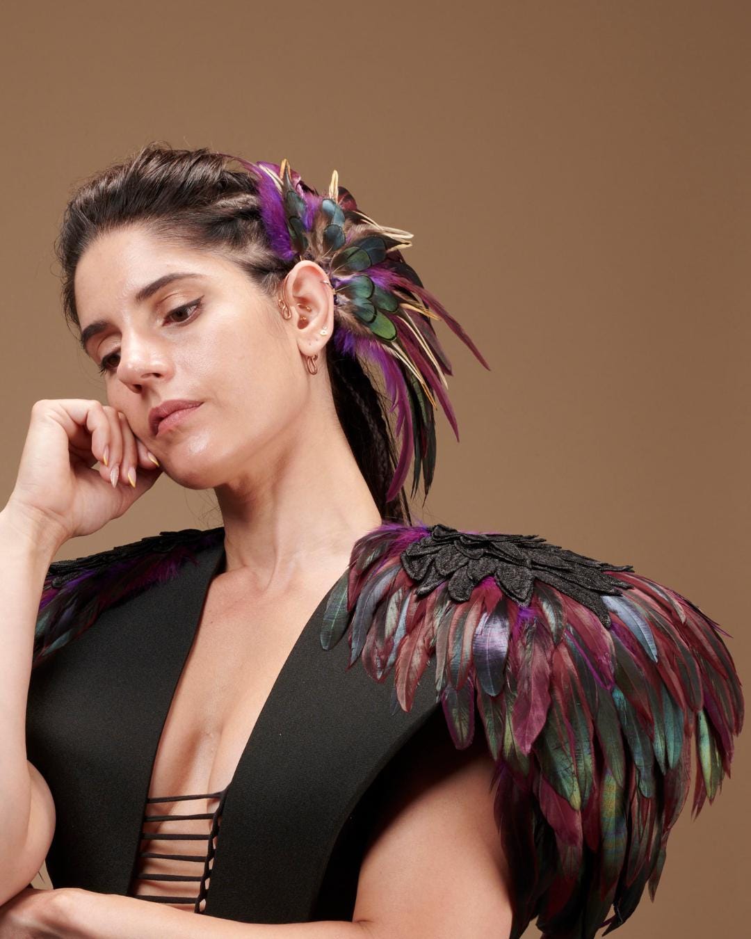 Vibrant Green and Purple Feather Ear Cuff - no piece, pierce free earring One-of-a-kind Feather Ear Cuff With Blue Parrot Feathers and  main image 4