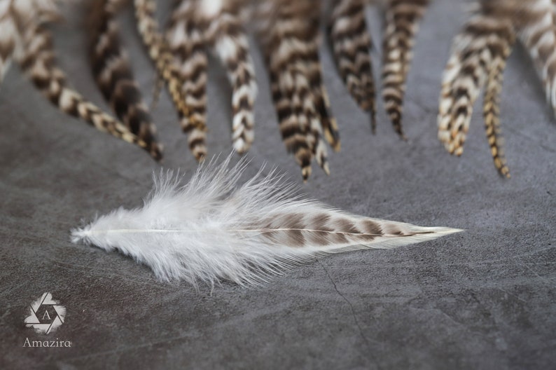 7-12 cm 3-5 inches Natural grizzly bulk feathers, cream, black and grey, Hair extension, Loose skinny feathers for crafts & dream catcher zdjęcie 8