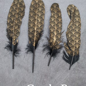 Gold painted pattern black feathers, 17-20 cm, 6-8 inches, Loose goose smudge feathers. FREE SHIPPING available, cosplay decorative feather zdjęcie 8