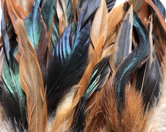 100 plumas de gallo DEFECTUOSAS, Plumas de gallo de calidad B a granel, plumas de gallo marrones y verdes iridiscentes.