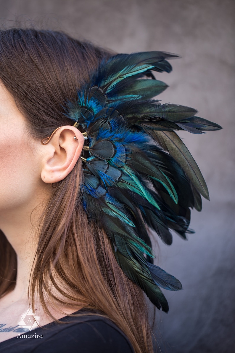 Blue feather ear cuff pierceless earring festival and Etsy