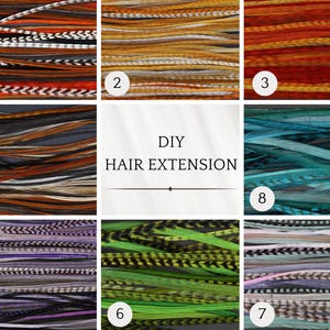 Puede incluir: Ocho extensiones de pelo de plumas de diferentes colores. Los colores son: negro y blanco, marrón y blanco, rojo y naranja, marrón y negro, gris y morado, verde y negro, rosa y gris, y azul y verde. Extensión de pelo DIY.