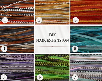 5 Feather hair extension, Diy kit, 20-25 cm, 9-11'' Mix Colourful, Natural, Blue, Green, Purple, Orange, Red, Pink, Pastel boho hair