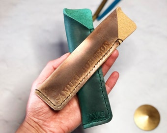 Personalised Leather Pen Case, Pen Holder, Gift For Him, Anniversary Gift With Embossed Letters, Choose Your Colours, Large Font