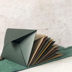 May include: An open, dark green envelope with a flap, revealing a fan of various colored paper inserts. The envelopes and inserts are arranged on a green surface, with a neutral background.